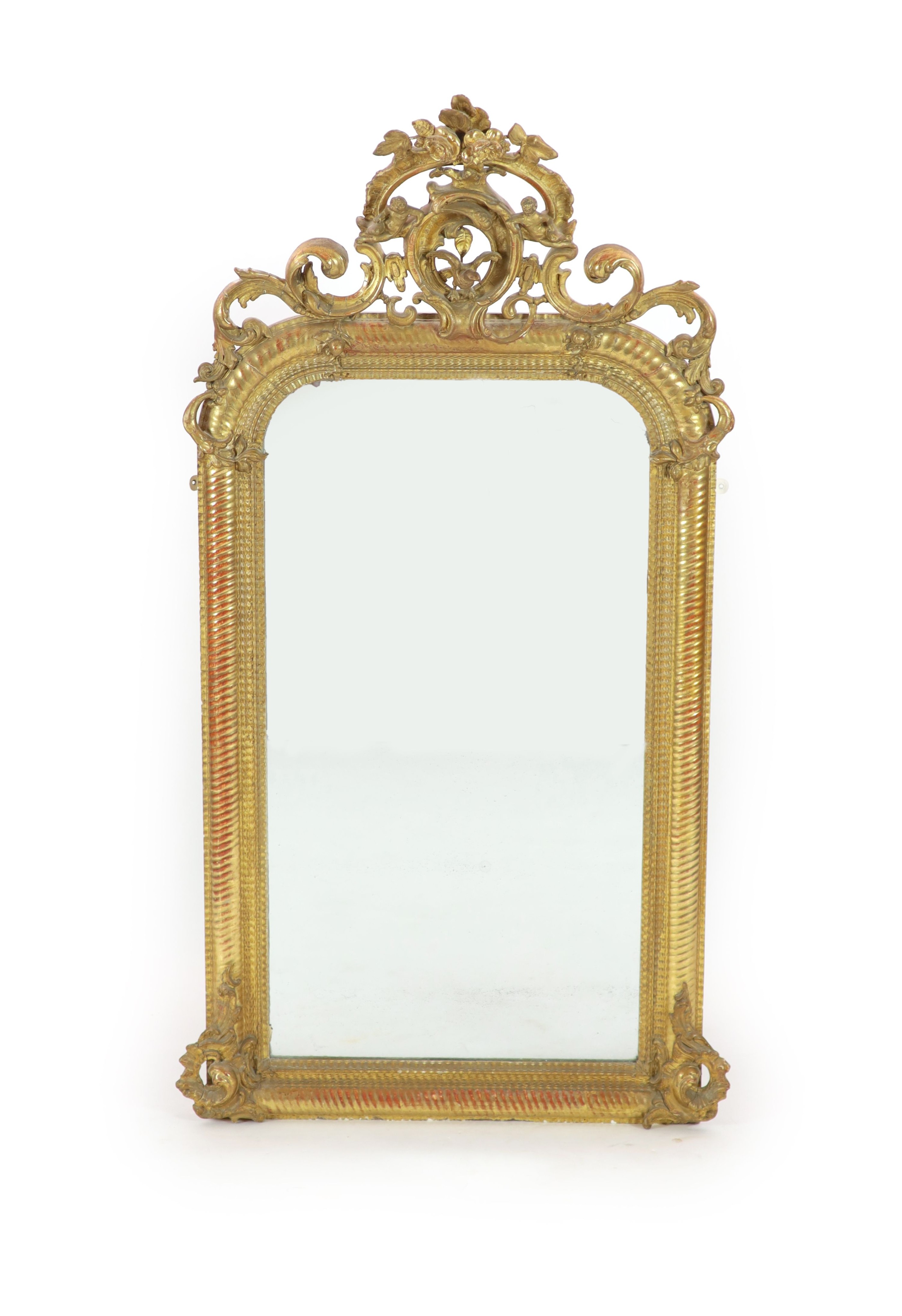 A 19th century French carved giltwood and gesso wall mirror H 175cm. W 97cm.